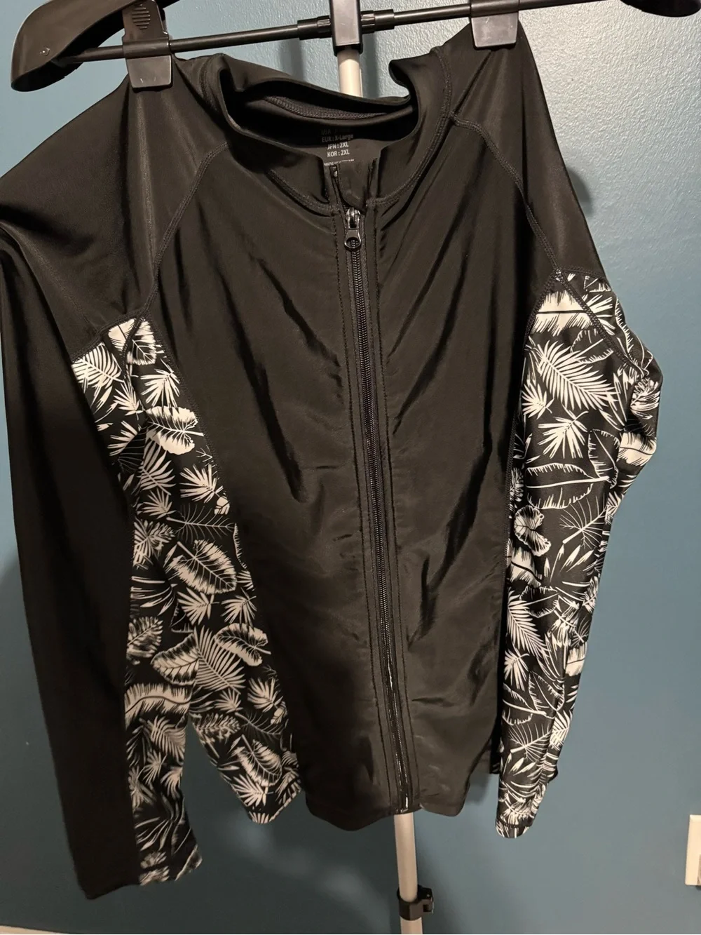 TSLA Black Long-Sleeve Zip Front Swim Coverup with Tropical Panels